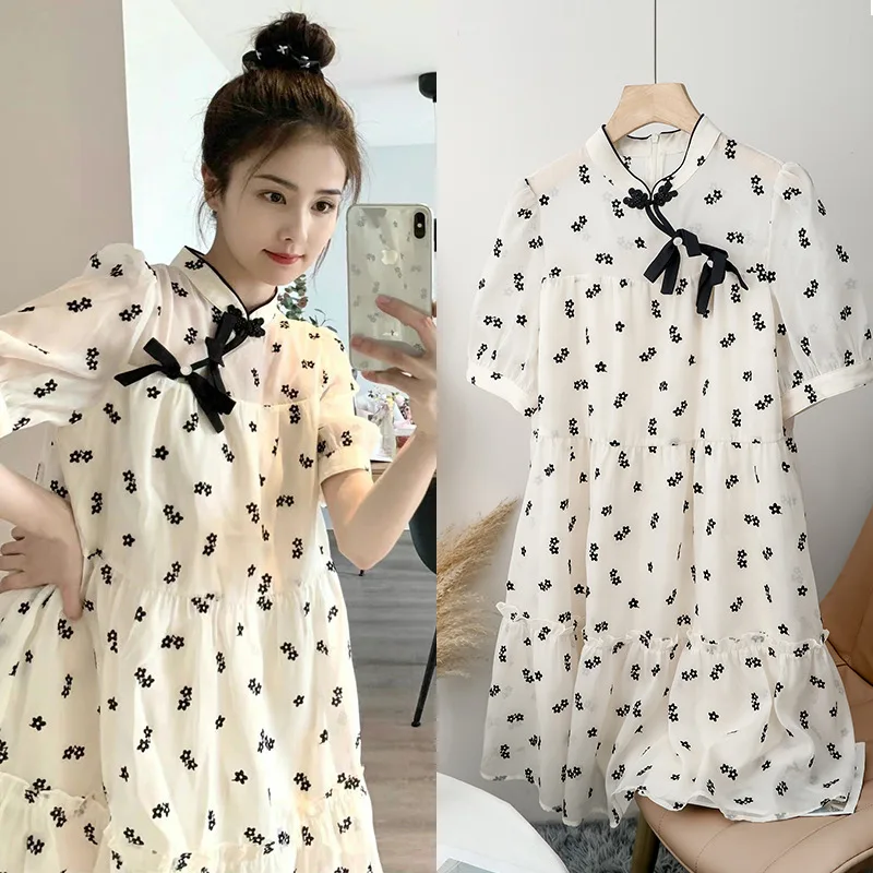 Chinese Style Dress Women Cute Dress 2022 New floral Stand Collar Bows Short Puff Sleeve Loose Short Mini Dress Vestidos White