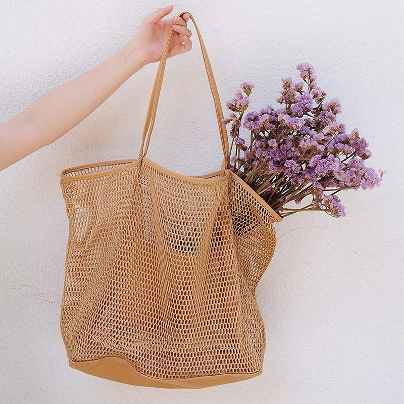 Women Large Capacity Mesh Beach Travel Shoulder Bag Casual Shopper Totes Children's Beach Toy Storage Bag Ladies Handbag Net Bag