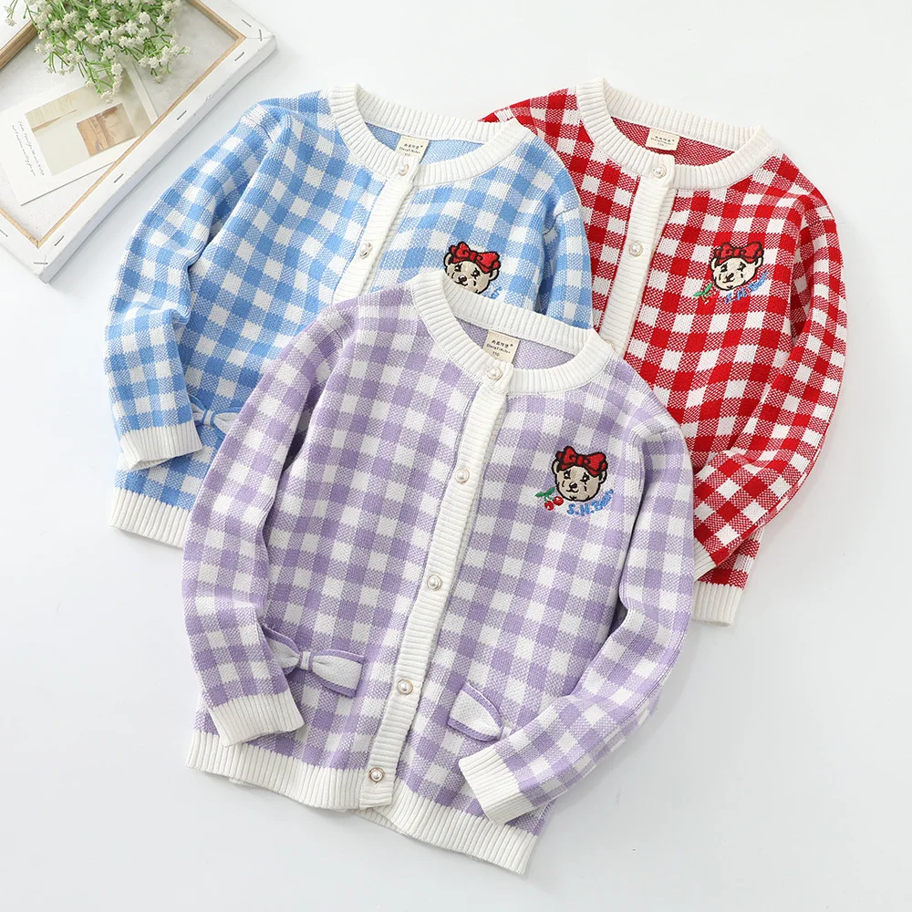 

2022 New Arrivals Spring Korean Children's Plaid Sweater Coat Red Lattice Girl's Little Bear Girl Cardigan Kids Pullovers
