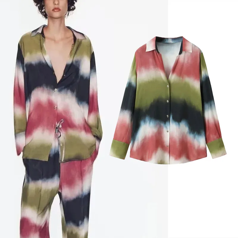

TRAF Tie Dye Print Shirts For Women 2023 Summer Long Sleeve Loose Tops Fashion Elegant Single Breasted Woman Shirts Pant Sets