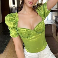 summer green vintage puff sleeve sexy t shirts women 2021 party club cropped tops fashion slim fit short streetwear elegant tees
