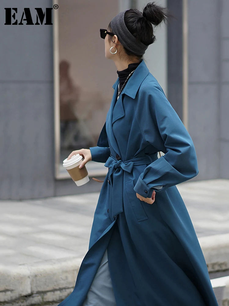 

[EAM] Women Blue Brief Big Size Long Trench New Lapel Long Sleeve Loose Fit Windbreaker Fashion Tide Spring Autumn 2022 1DD0503