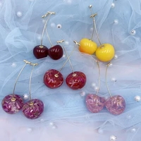 korean cute transparent resin cherry earrings for women gold color alloy fruit hanging dangle earrings statement jewelry brincos