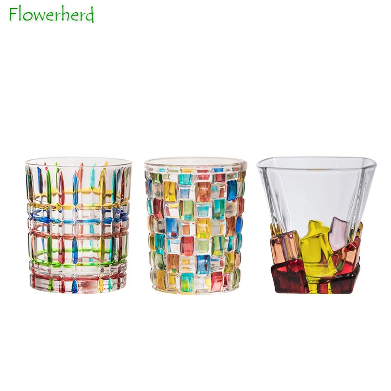 

European-style Contrasting Color Whisky Glass Cup Hand-painted Colored Glass Creative Water Glass Bar Spirit Foreign Wine Glass