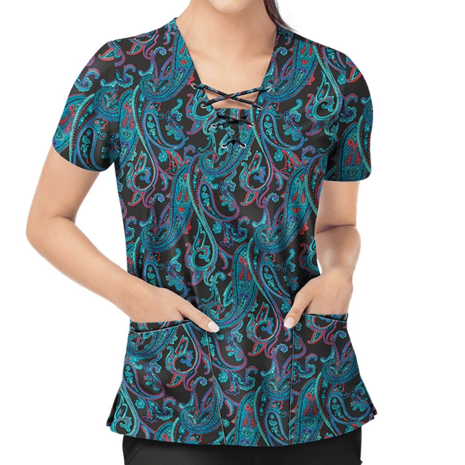 

Women Short Sleeve V-Neck Nurse Uniform Hospital Workers Retro Vintage Floral Graphic T-Shirts Scrub Tops Working Uniform Blouse