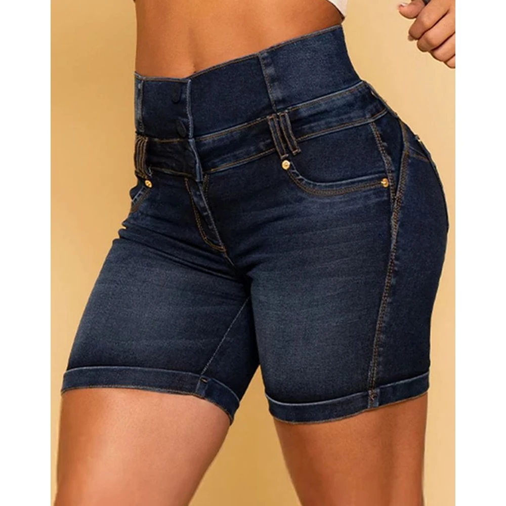 Summer Women High Waist Pocket Design Denim Casual Cuffed Shorts High Waist Skinny Hot Pants Fashion Jeans Short Mujer Jeans