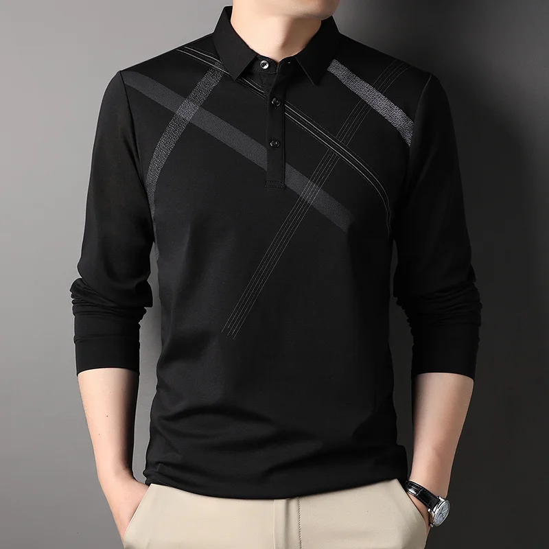 

New Cotton Slim Fit Long Sleeve Casual Spring Autumn Korean High End Lapel Printing Tops Tees mulberry silk Mens Polo Shirts