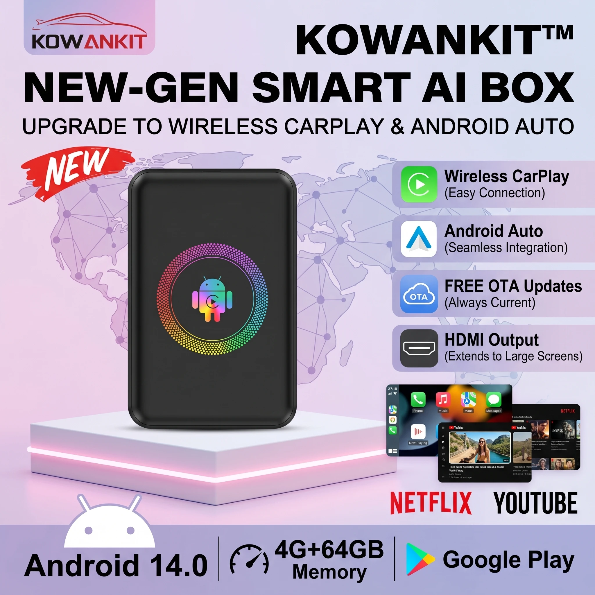 Фото 2026 Android 14.0 4+64 ГБ Беспроводной CarPlay AI Box Kowankit Smart 5 в 1 HDMI Plug & Play Android Auto Автомобильный ТВ-бокс для Netflix YouTube №1