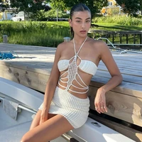 european and american style new womens clothing 2022 summer solid color knitted sweater sexy tethered halter neck hollow dress