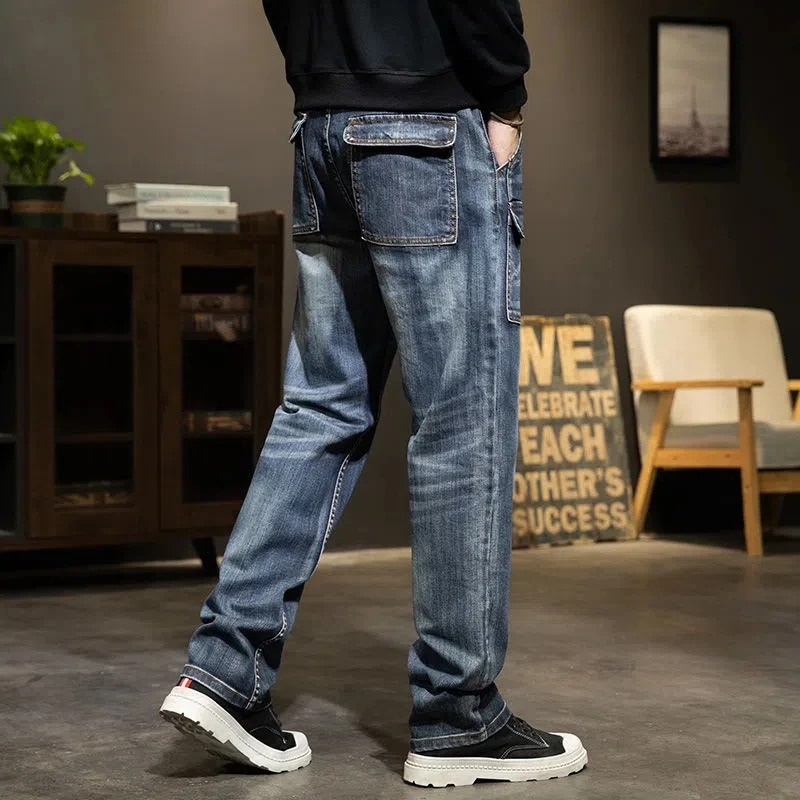 Men Vintage baggy Jeans Fashion Denim Cargo Pants Loose Multi-pocket Popular Straight Jean Trousers For Men Man Mens Clothing images - 6