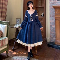 coolfel vintage lace lolita dress elegant women blue square collar long sleeve casual victorian dress gothic female vestido