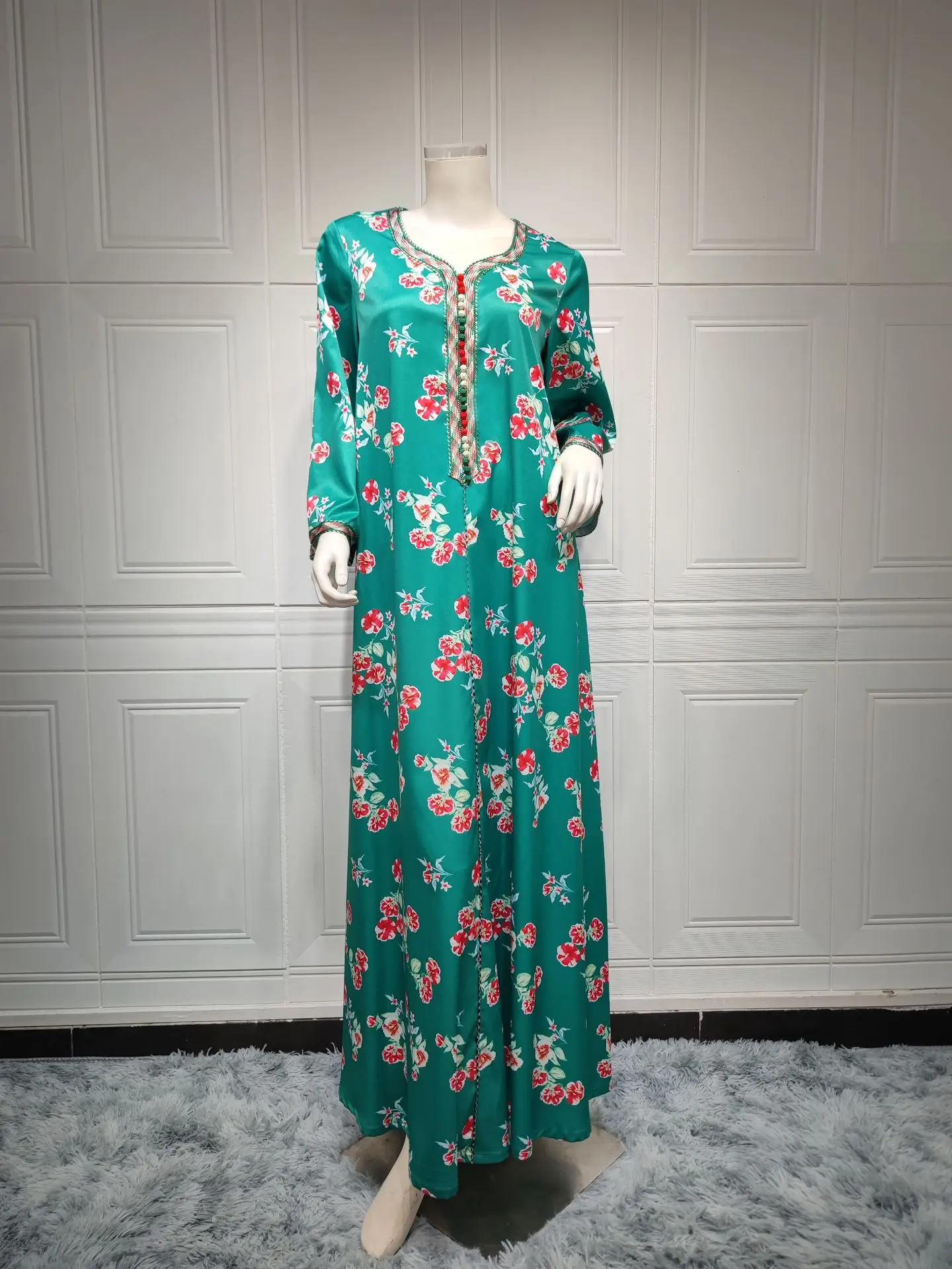Jalabiya Kaftan Abaya Dubai Loose Floral Printed Long Arabic Muslim Dress Women Moroccan Islam Party Evening Dresses Ramadan Eid
