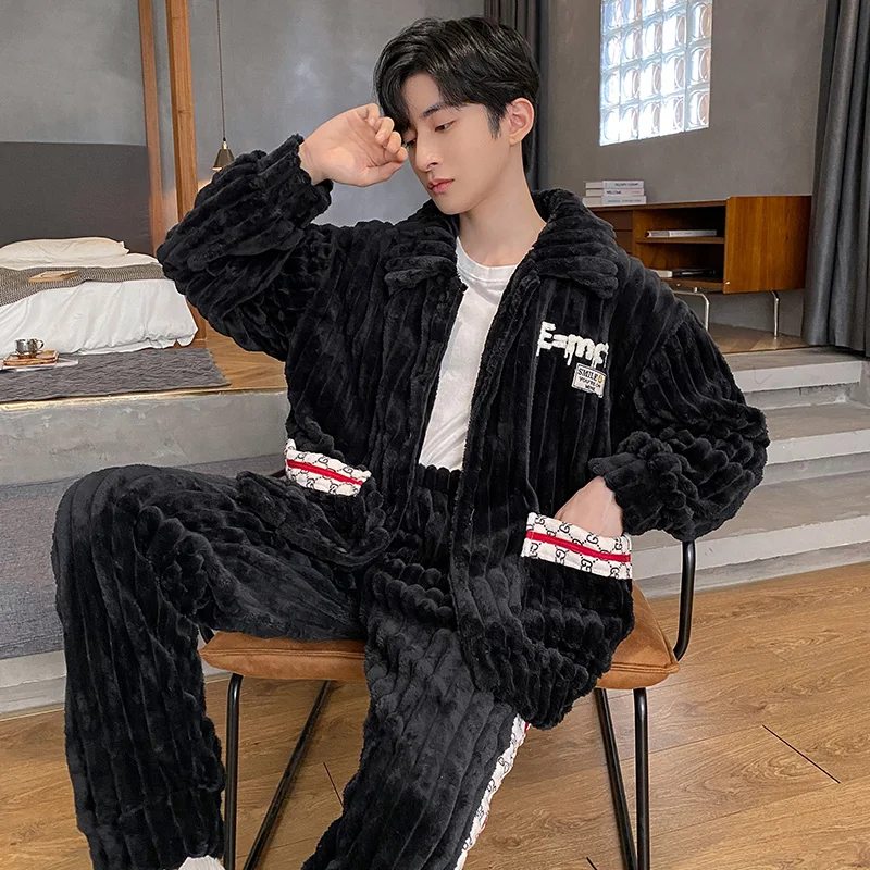 QUHENG Men's Winter Pajamas Sets Layers Warm Thick Winter Coral Fleece Sleepwear Long Sleeve Turn-Down Collar Pijamas Suits