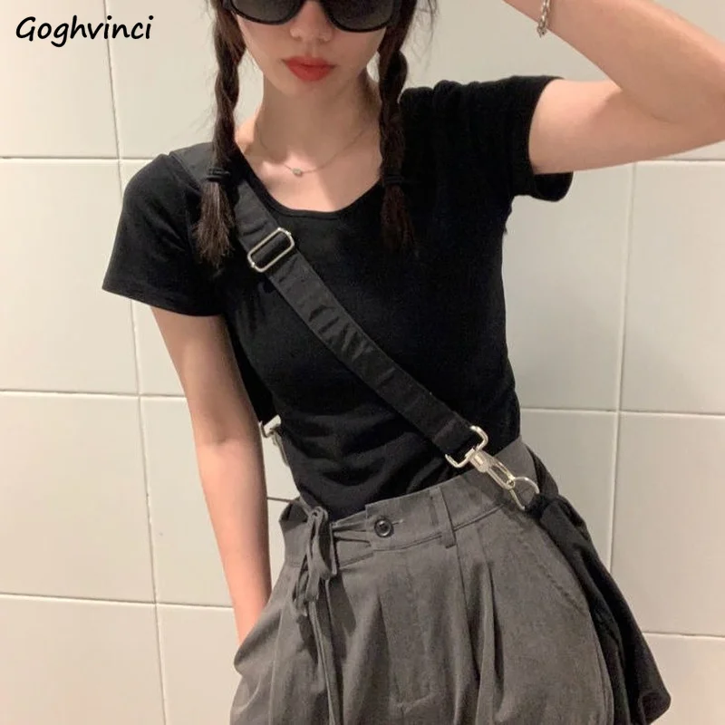 

Short Sleeve T-shirts Women Basic All-match Square Collar Sexy Summer Ins Korean Style Street Daily Fashion Solid Hot Sale Slim
