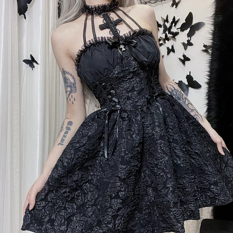 Halloween Women Mini Black Dress New Cross Hanger Neck Sleeveless Dark Gothic Emo Tutu Short Dress