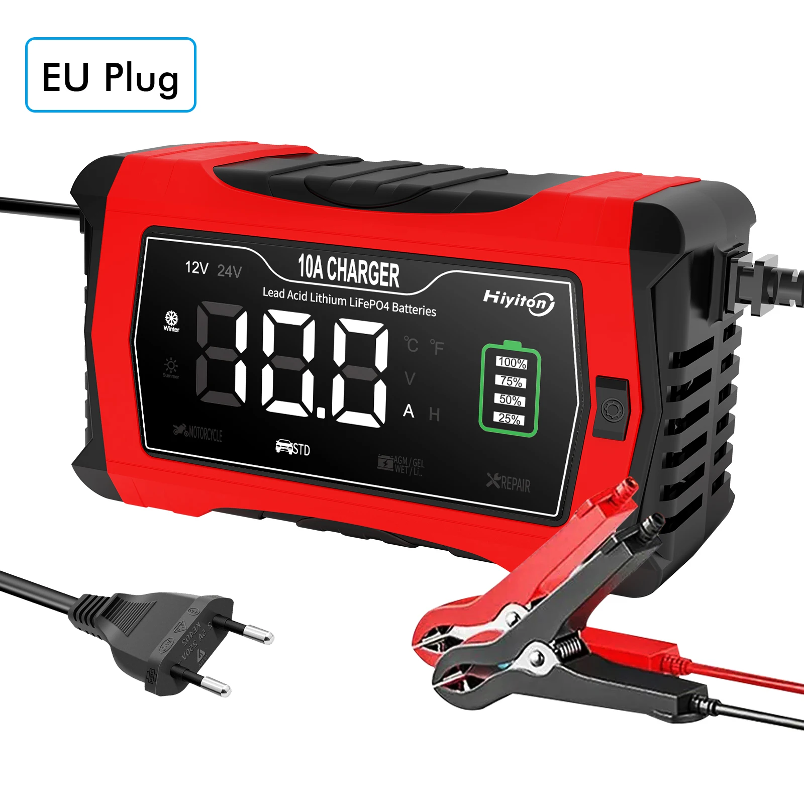 

Hiyiton 10A автомобильное зарядное устройство для литиевых LiFePO4 AGM гелевых свинцово-кислотных аккумуляторов 12 В 24 В зарядное устройство для мотоцикла автоматическая зарядка