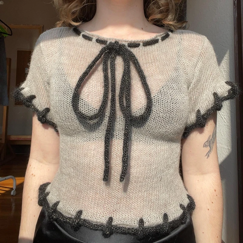 

Женский укороченный топ с коротким рукавом, вязаный крючком свитер с вырезами, прозрачная трикотажная рубашка, летняя уличная одежда Y2k