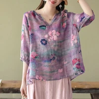 2022 spring summer retro printed cotton linen tops literature and art loose v neck shirts sun protection thin womens clothes