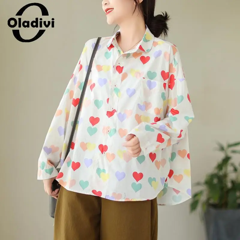 

Oladivi Fashion Print Long Sleeve Large Size Blouses Women Casual Loose Shirts 2023 Spring Autumn New Oversized Top Blusas 9818