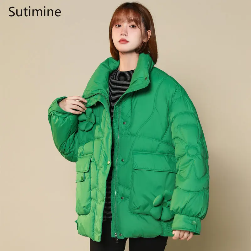 Winter Clothes Women Pockets Casual Flower Cotton Padded Clothes for Women Korean Version Loose and Lovely Zipper Coat Women