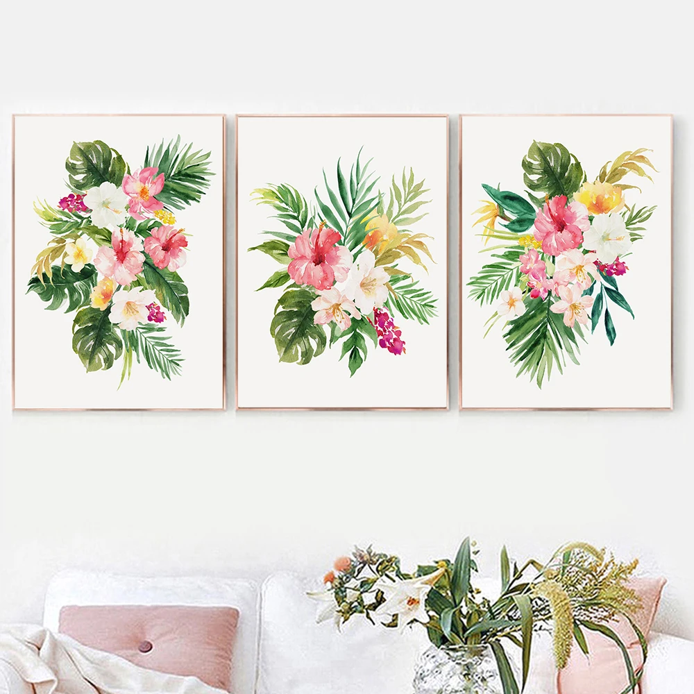 

Акварельные розовые листья гибискуса, тропические растительные постеры, Картина на холсте, живопись, настенное искусство, картина для гост...