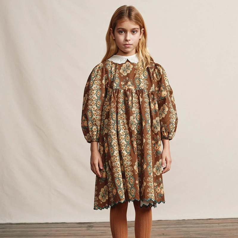 

2022 Bebe Style Vintage 2022 Kids Girls Dresses Floral Print Cotton Embroidery Autumn Winter Toddler Girls Vintage Outfits