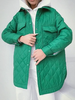 Women's Winter Jacket Super Hot Single-breasted Lapel Long Green Loose Warm Plaid Top Casual Streetwear Quilted Coats Female