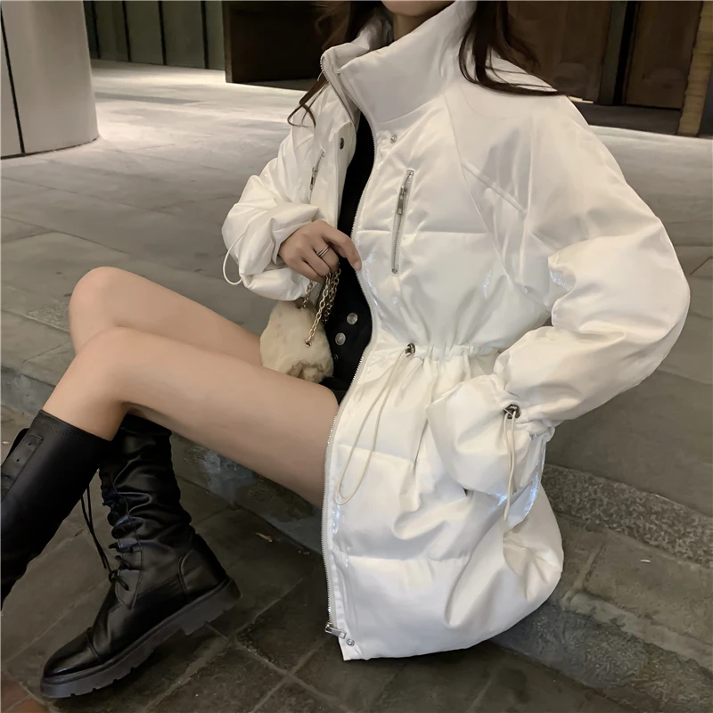Luxurious Women's Winter Cotton Coat Casual Loose Warm White Skirt Parkas Stand Collar Elegant Overcoat Woman Korean Long Jacket