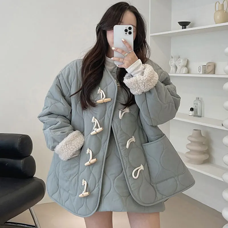 

Женская куртка-пуховик Clothland, костюм с юбкой, пальто с длинными рукавами и пуговицами-рогами, мини-юбка с эластичной талией, плотный зимний к...