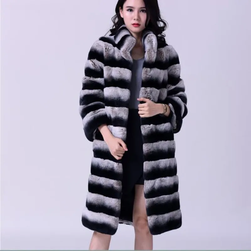 Women's Real Rex Rabbit Fur Coat Stand Collar Natural Fur Winter Jacket Long Style Chinchill Genuine Fur Coats