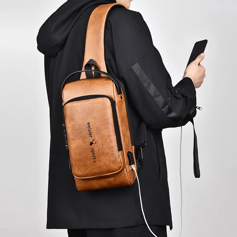 Large Capacity Leather Men Chest Bag Multifunctional Shoulder Bag Anti-Theft Crossbody Messenger Bag Waterproof Male Sling Bag