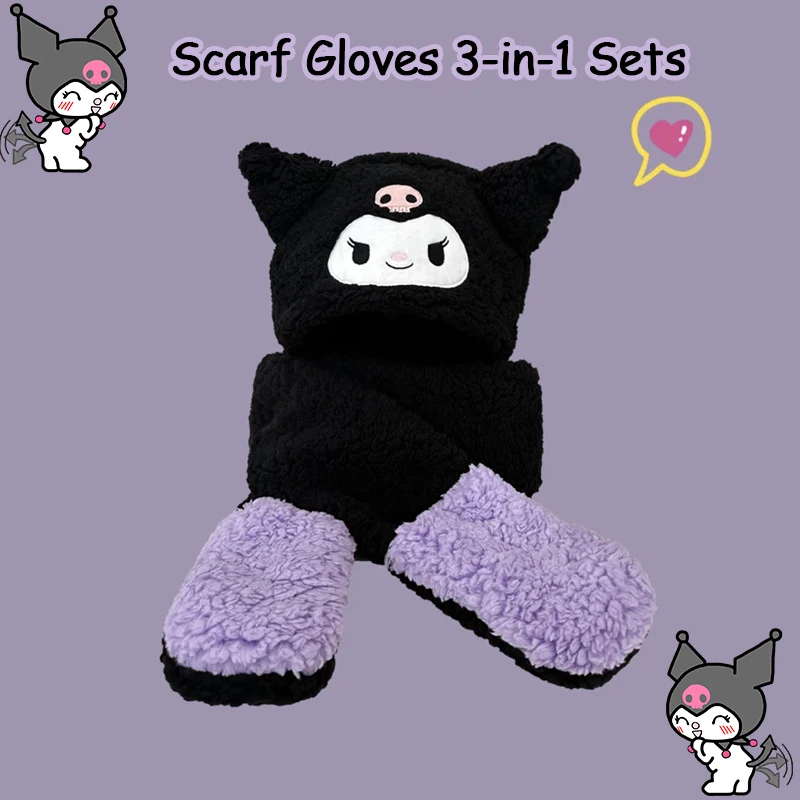 

Cinnamoroll Kuromi 3 In 1 Hat Scarf Gloves Set For Women Winter Warm Cute Cartoon Anime Casual Plush Scarf Christmas Girl Gift