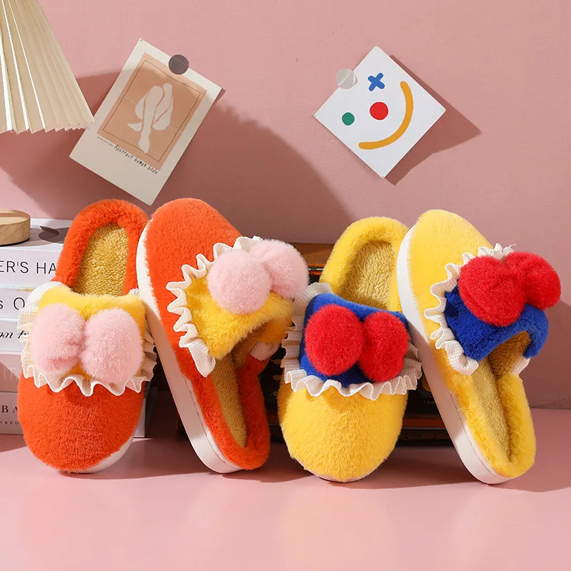 Cotton Slippers Female Male Autumn Winter Shoes Cute Bow Couples Home Indoor Slides Non-slip Warm Plush Ladies Cartoon Slipper