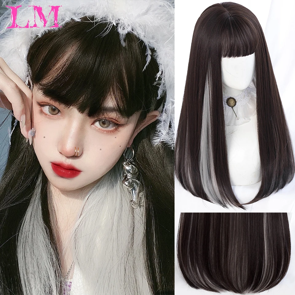 

LM Women Wig Heat-resistant Synthetic Wig Mid-length Hair With Bangs Cosplay Black Long Straight Wigs