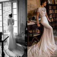 2022 mermaid wedding dresses court train sexy jewel neck hollow back lace satin beading pearl tassel wedding dress bridal gowns