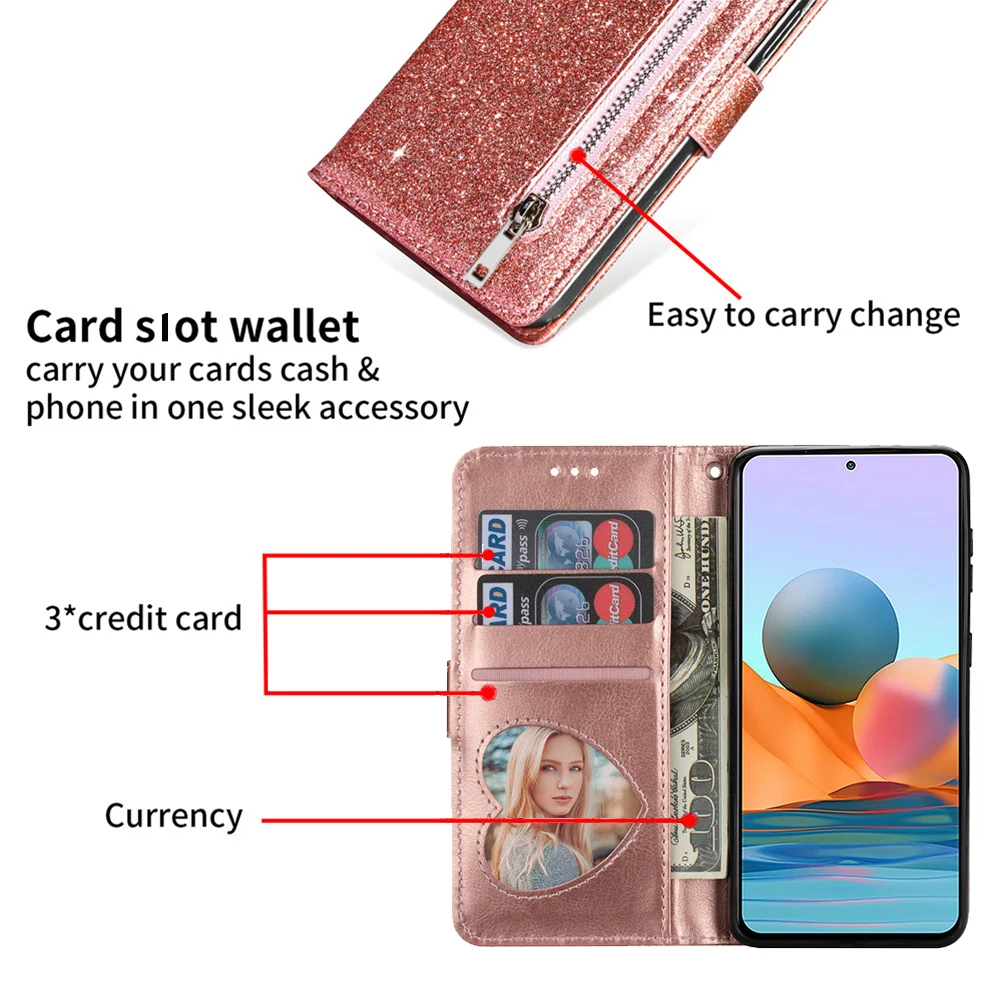 Флип-кошелек на молнии блестящий кожаный чехол для Xiaomi RedMi Note 11 10 10S 9 9S 8 Pro Max 9T 9A 9C Mi