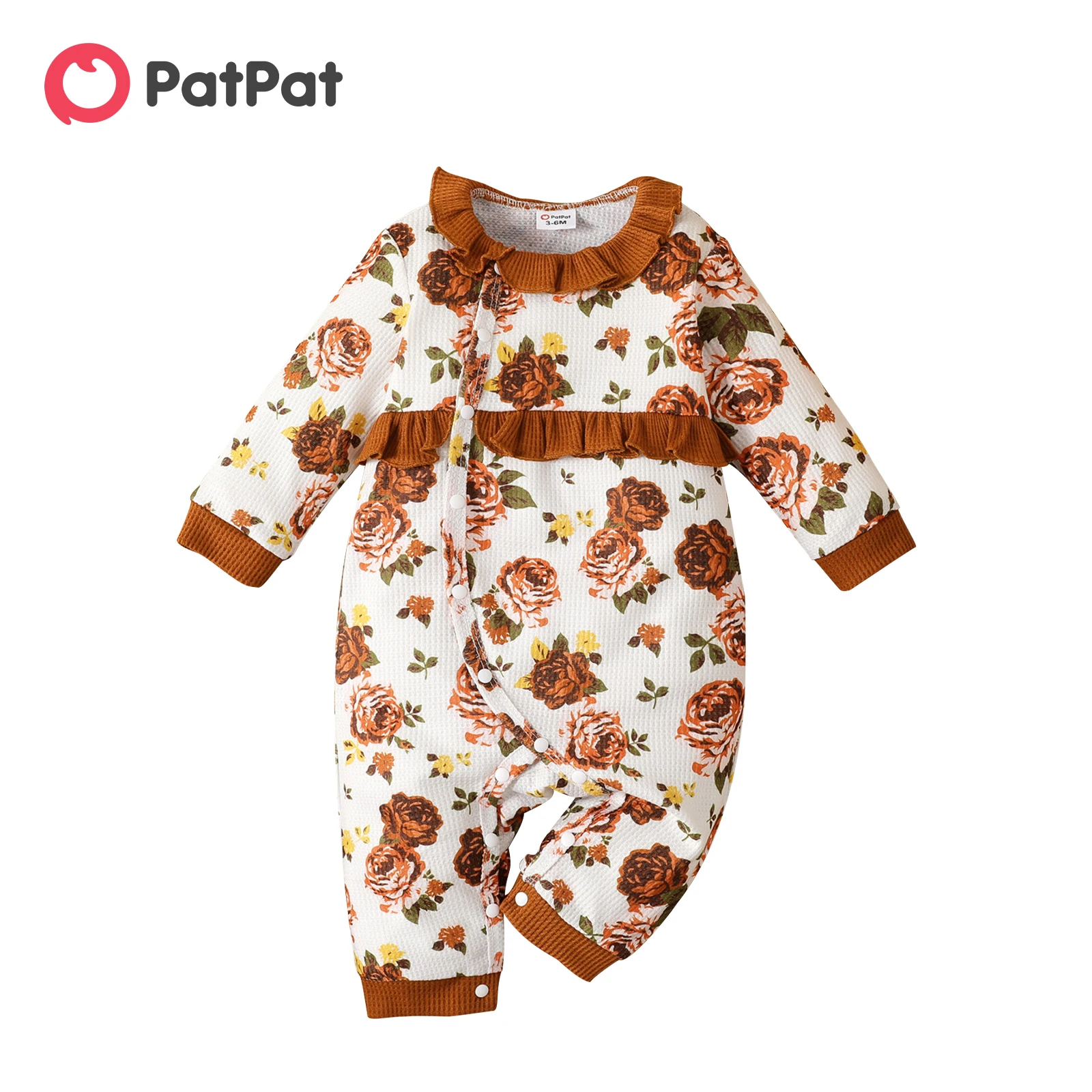

PatPat Baby Girl Ruffle Trim Spliced Allover Floral Print Long-sleeve Snap Jumpsuit