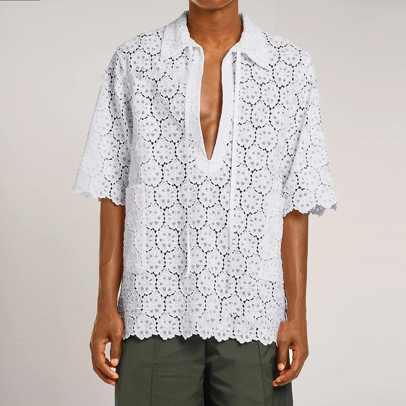 

Fashion Men Hollow T Shirt Casual Patchwork Lace Solid Tops Sexy See Through Lapel Tee Summer Deep V Neck Short Sleeve Pullover