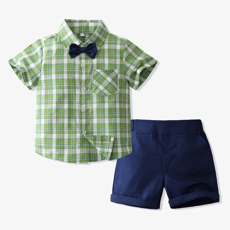 

Summer Baby Boy Formal Suit Sets Casual Short Sleeve Shirt Shorts Bow Tie 3Pcs Casual Plaid Kids Outfits Gentleman Clothing