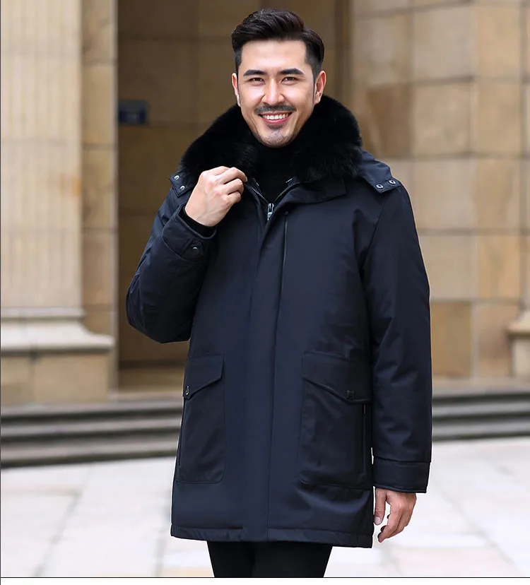 New Arrival 2023 Men Duck Down Overcoat Jacket with Real Fox Fur Collar Hoodie Detachable Lining Navy Black Khaki XXXXXL 4XL 5XL