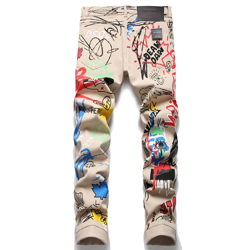 Men's 2023 Spring/Summer New Character Abstract Graffiti Painted Print Street Hip Hop Rock Stretch Skinny Jeans