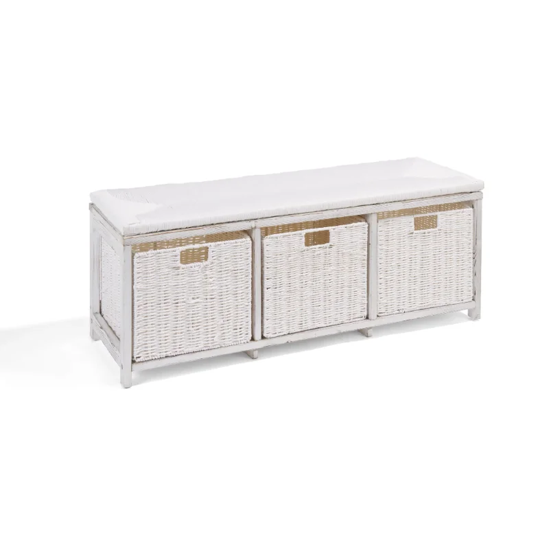 

Kid's Storage Bench with Woven Top and Baskets - White