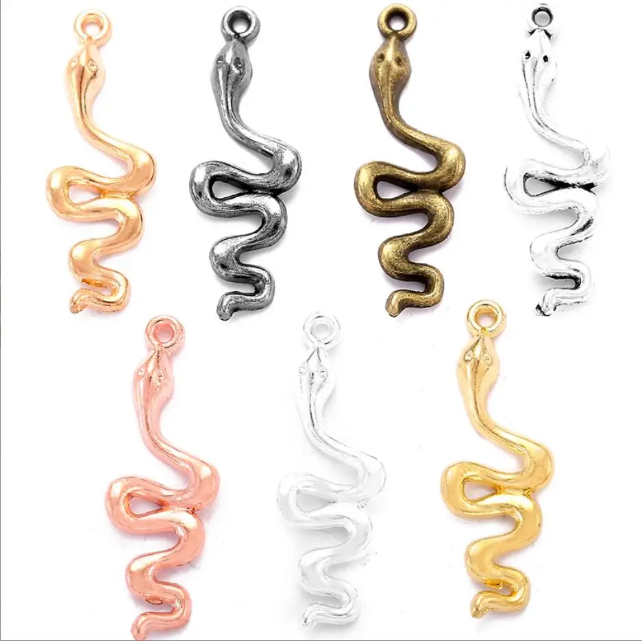 

100PCS 28*10mm Metal Alloy 2020 New Three Color Snake Charms Animal Pendants For Jewelry Making DIY Handmade Craft F0705