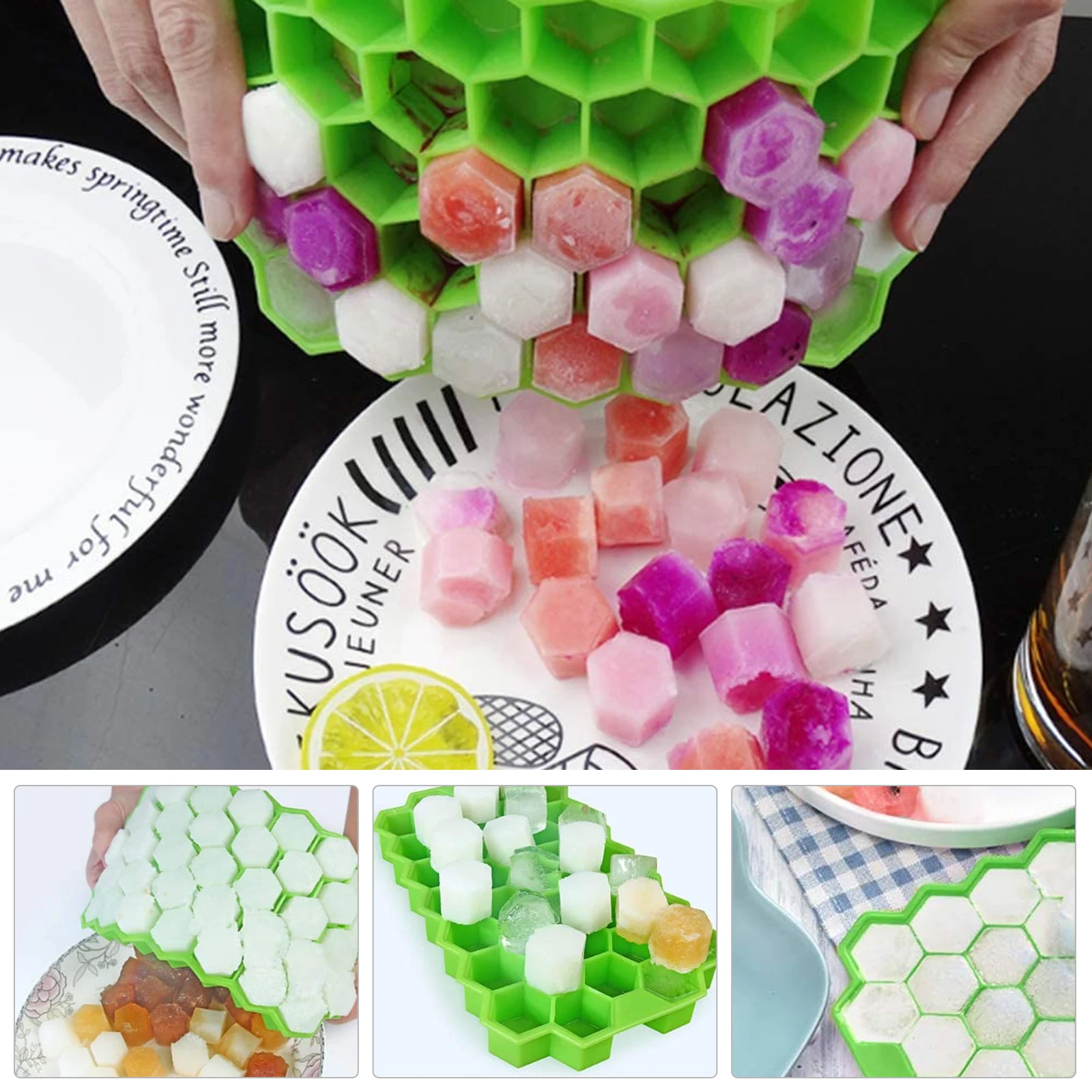 

Silicone Ice Cube Trays Flexible Honeycomb Ice Cube Mold With Lid For Cocktail Drinks Freezer Stackable Ice Molds Kitchen Tools