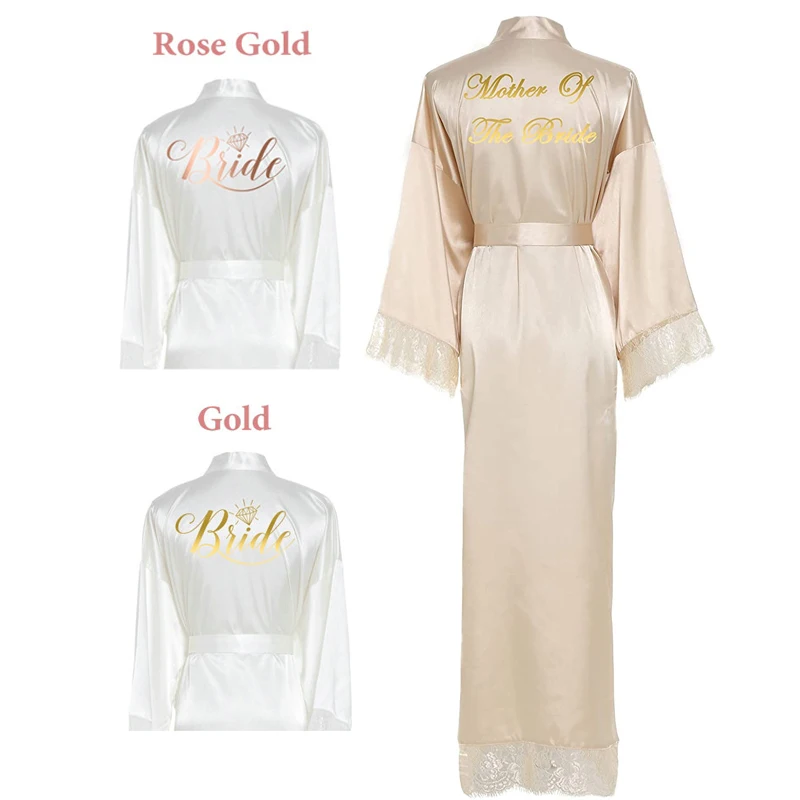 OWITER Long Champagne Satin Robe for Women Bride and Bridesmaid Rose Gold Dressing Robe for Wedding Party