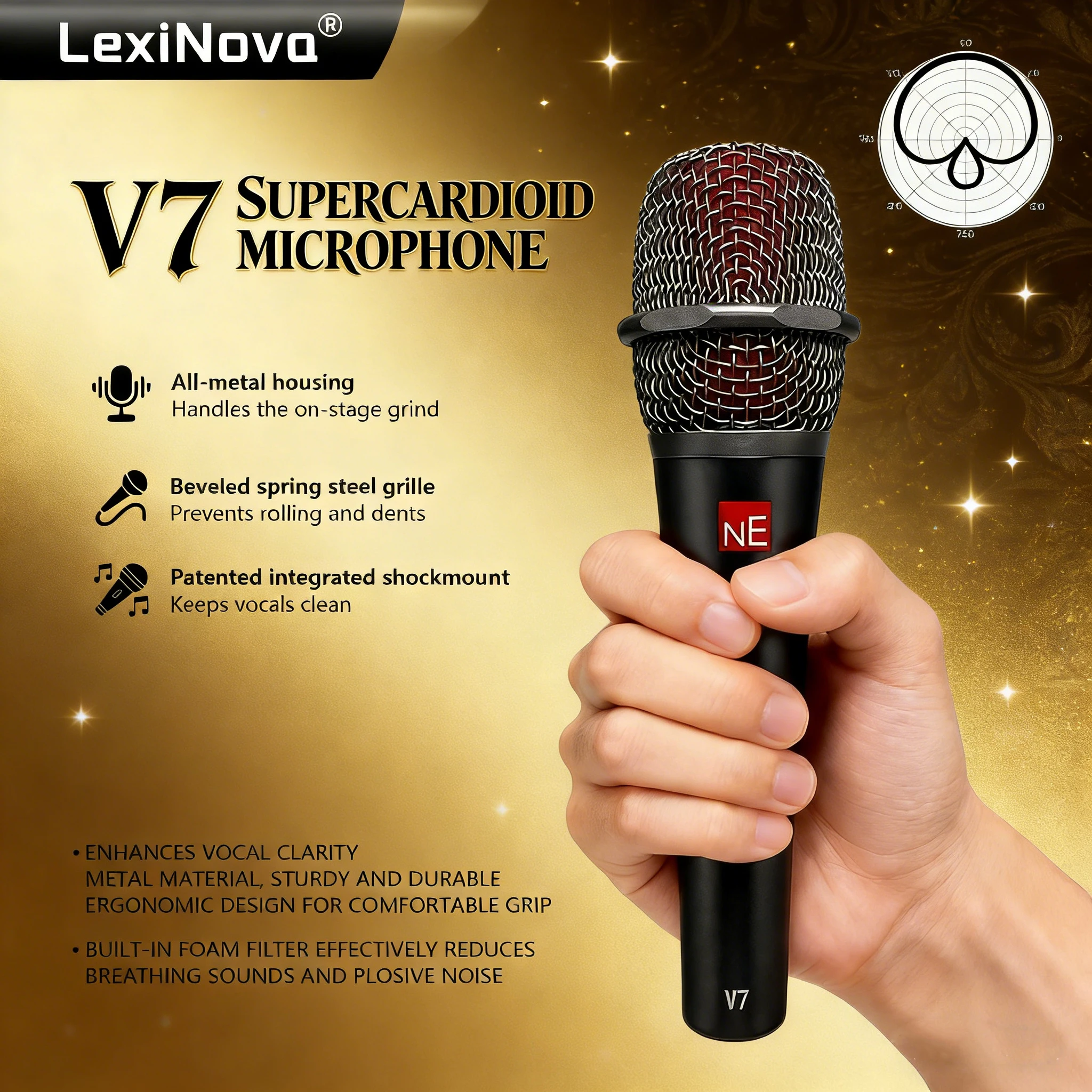 Фото Профессиональный ручной динамический микрофон V7 с суперкардиоидной диаграммой направленности, проводной, для студийной записи, выступлений, домашнего использования, игры на гитаре, пения, прямых трансляций №1