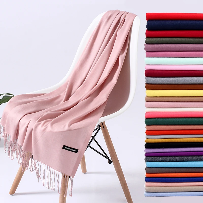 

Fashion Solid Color 2021 Women Scarf Winter Hijabs Tessale Tassels Long Lady Shawls Cashmere Like Pashmina Hijabs Scarves Wraps