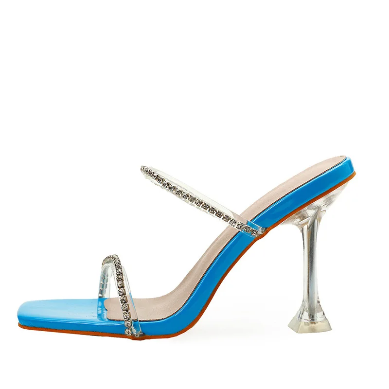 New Design Square Toe Slippers Sandals Fashion Crystal Diamond Strange Heels Shoes Woman Summer Slides Zapatos De Mujer