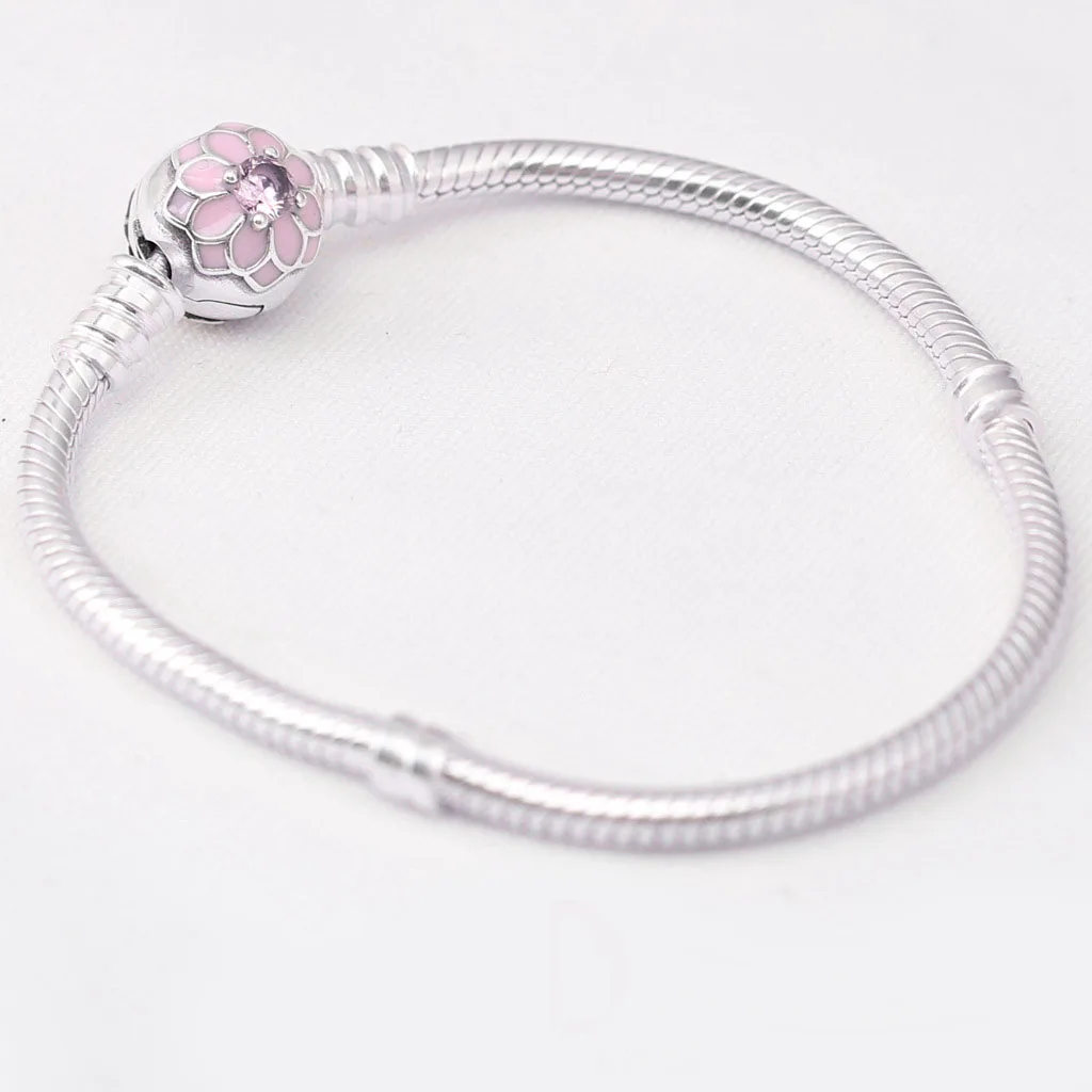 

925 Sterling Silver Bracelet Pink Blooming Dahlia Clasp Snake Chain Basic pan Bracelets Fit Women Bead Charm DIY Jewelry