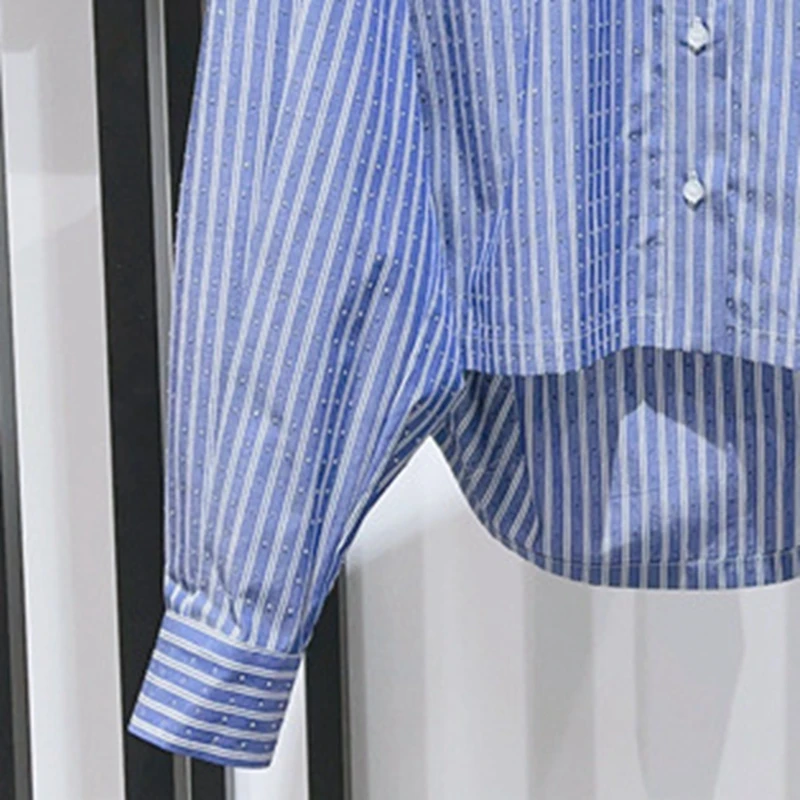 

Women Shirt 2023 Early Autumn New Style Striped Color Contrast Lapel Hot Diamond Drop Shoulder Shirt